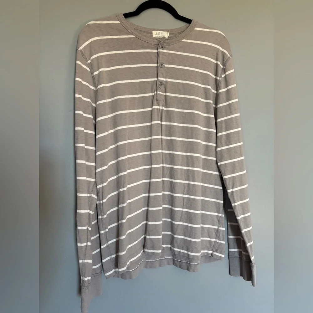 J. Crew Men's Long Sleeve Gray Striped Henley Casual Fishermen Coastal
